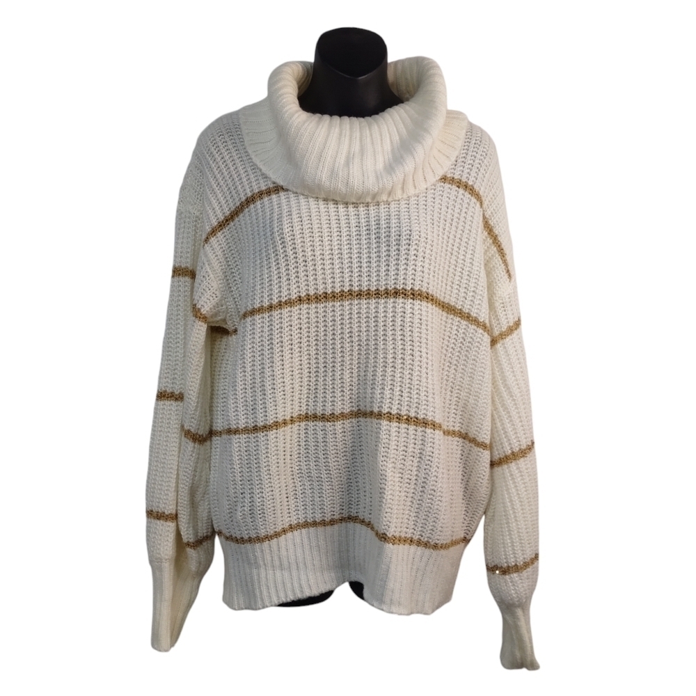 Nine West Sweater White/Gold Cowl Neck Balloon Sleeve Sweater Sz L